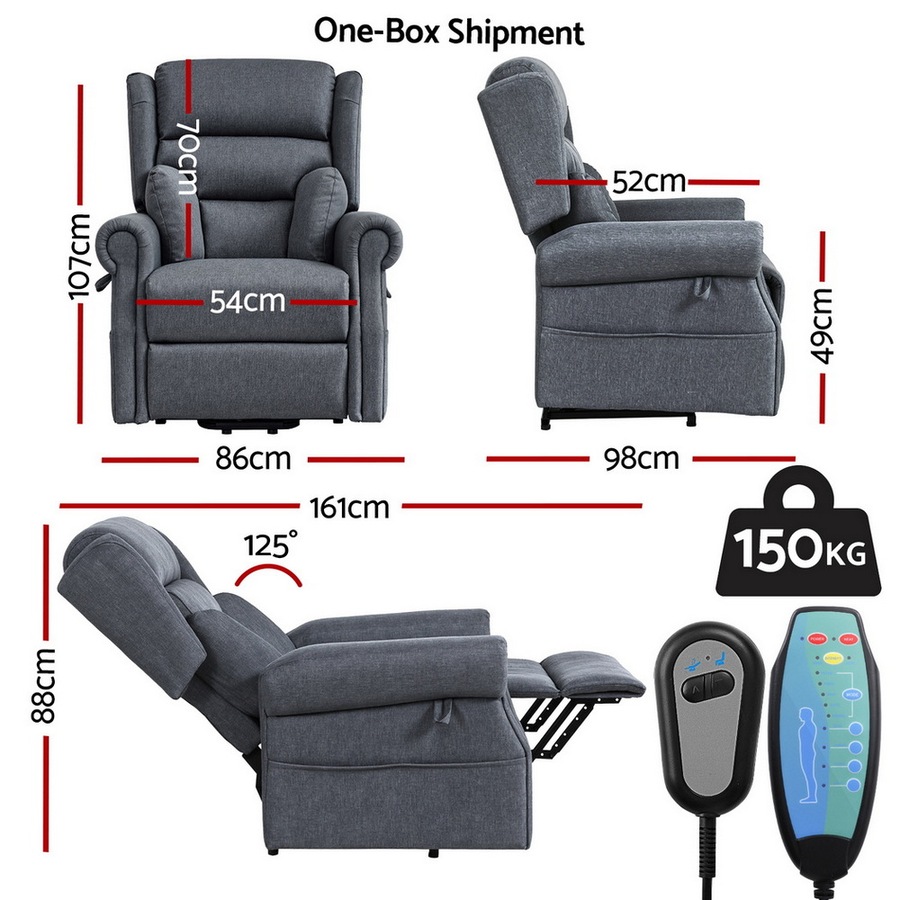 Artiss Electric Recliner Chair with Vibration Massage and Lumbar Heating for Elderly Power Lift Massage Recliner Sofa Fabric Armchair for Living Room Grey