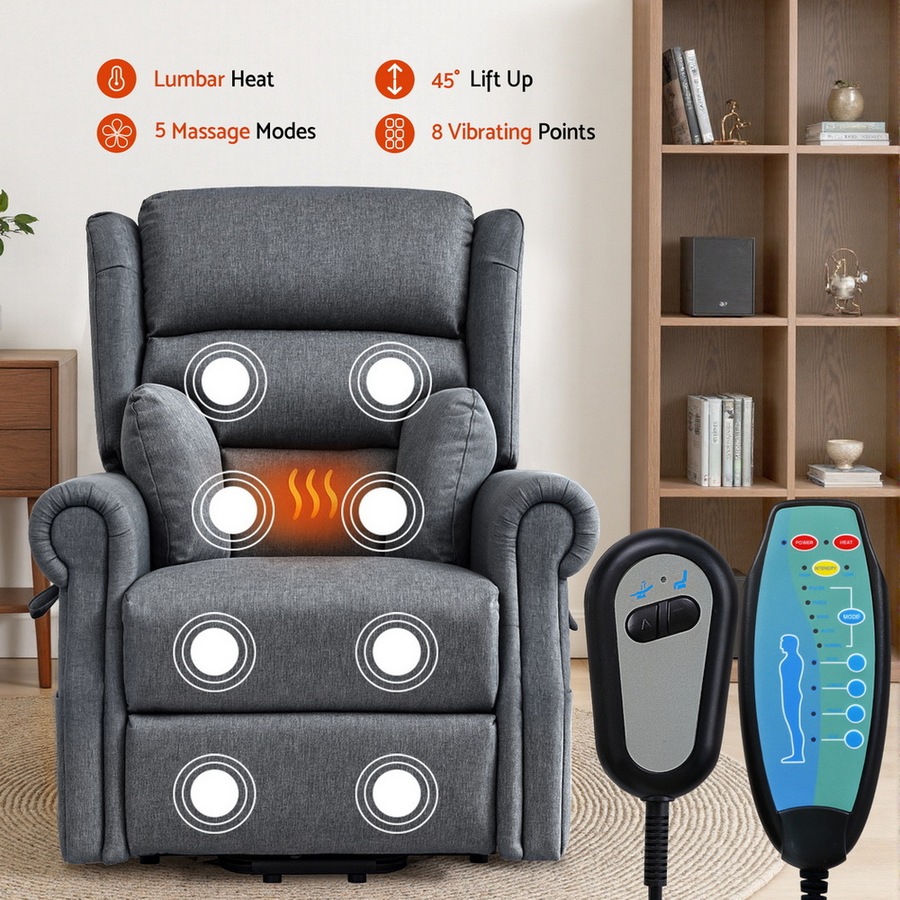 Artiss Electric Recliner Chair with Vibration Massage and Lumbar Heating for Elderly Power Lift Massage Recliner Sofa Fabric Armchair for Living Room Grey