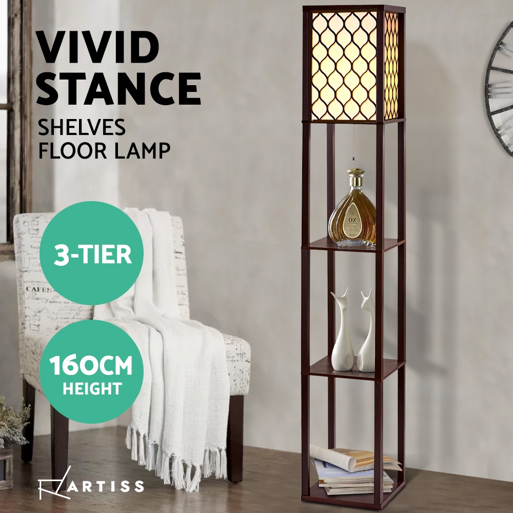 3 Tier Artiss Floor Lamp Shelf Storage LED Light Stand Home Room Pattern Brown