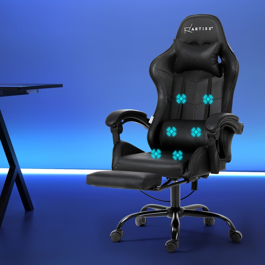 Artiss Gaming Chair 6 Point Massage Office Chairs Leather Recline Footrest Black