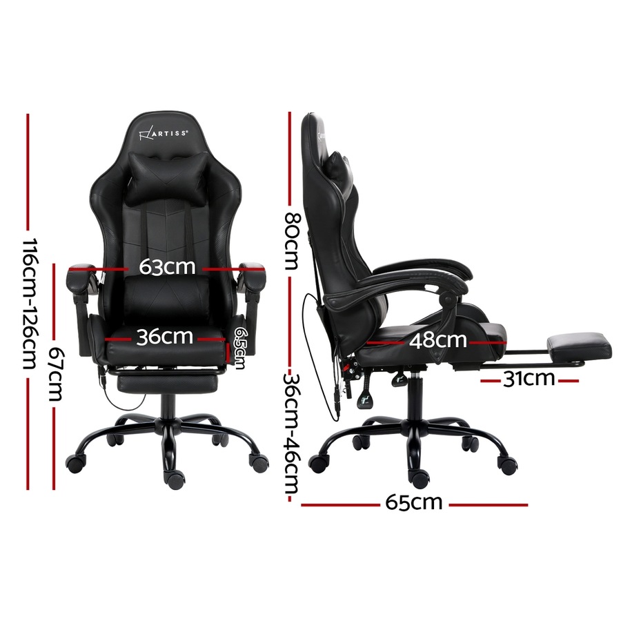 Artiss Gaming Chair 6 Point Massage Office Chairs Leather Recline Footrest Black