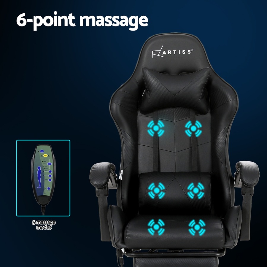 Artiss Gaming Chair 6 Point Massage Office Chairs Leather Recline Footrest Black