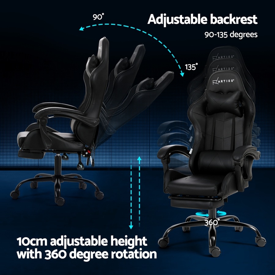Artiss Gaming Chair 6 Point Massage Office Chairs Leather Recline Footrest Black