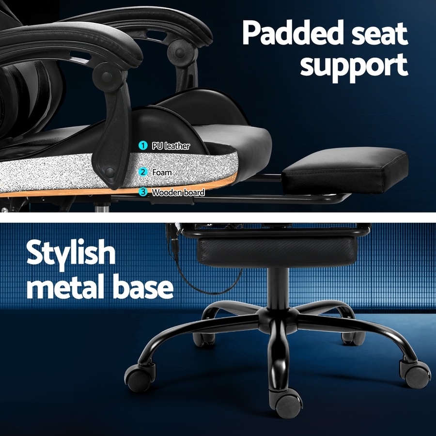 Artiss Gaming Chair 6 Point Massage Office Chairs Leather Recline Footrest Black