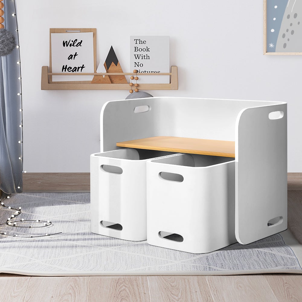 Keezi 3PCS Kids Table and Chairs Set Multifunctional Storage Desk White