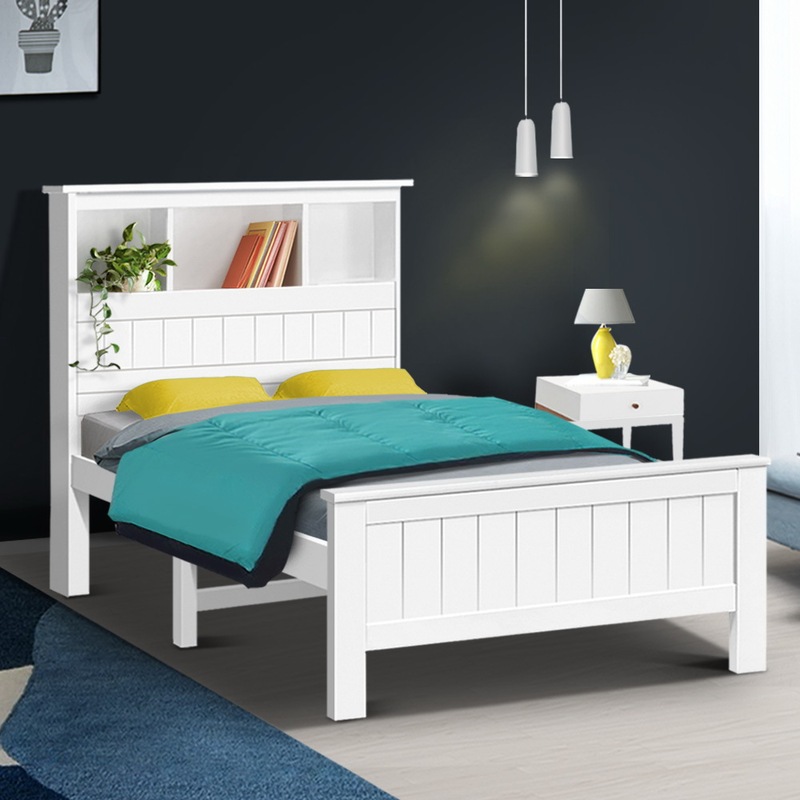 Buy Artiss Bed Frame Single Size Wooden with 3 Shelves Bed Head White