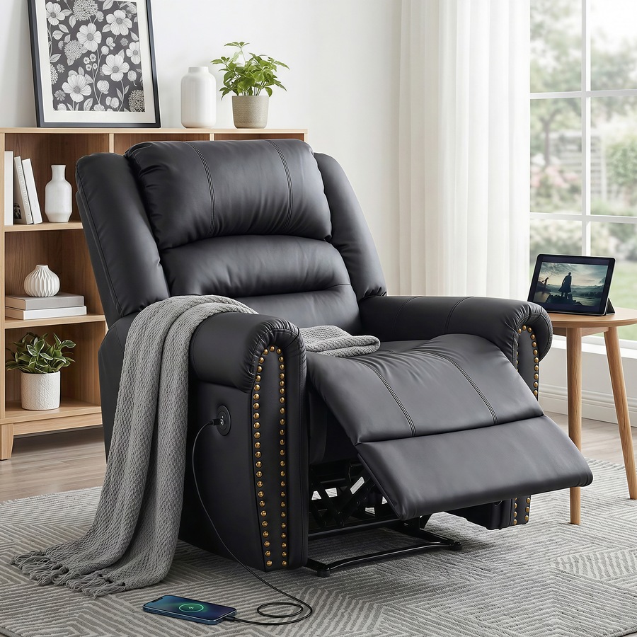 Artiss Leather Manual Recliner Chair with USB Armchair Sofa for Living Room and Nursery Black