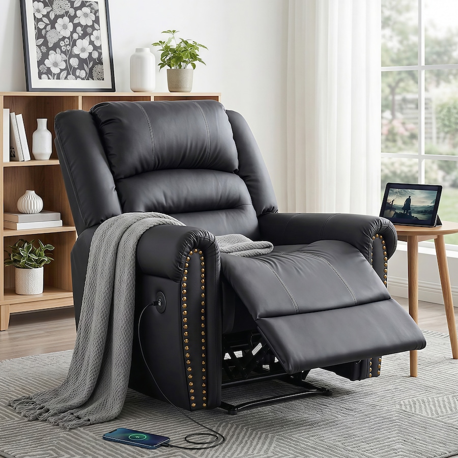 Artiss Leather Manual Recliner Chair with USB Armchair Sofa for Living Room and Nursery Black