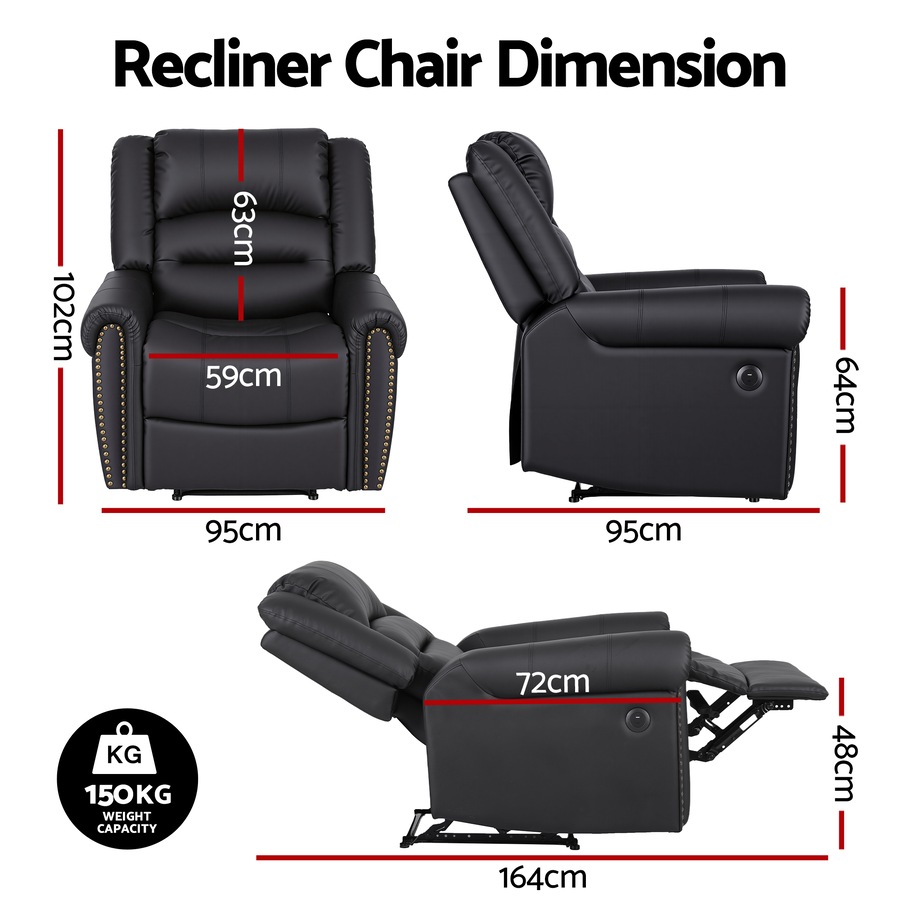 Artiss Leather Manual Recliner Chair with USB Armchair Sofa for Living Room and Nursery Black