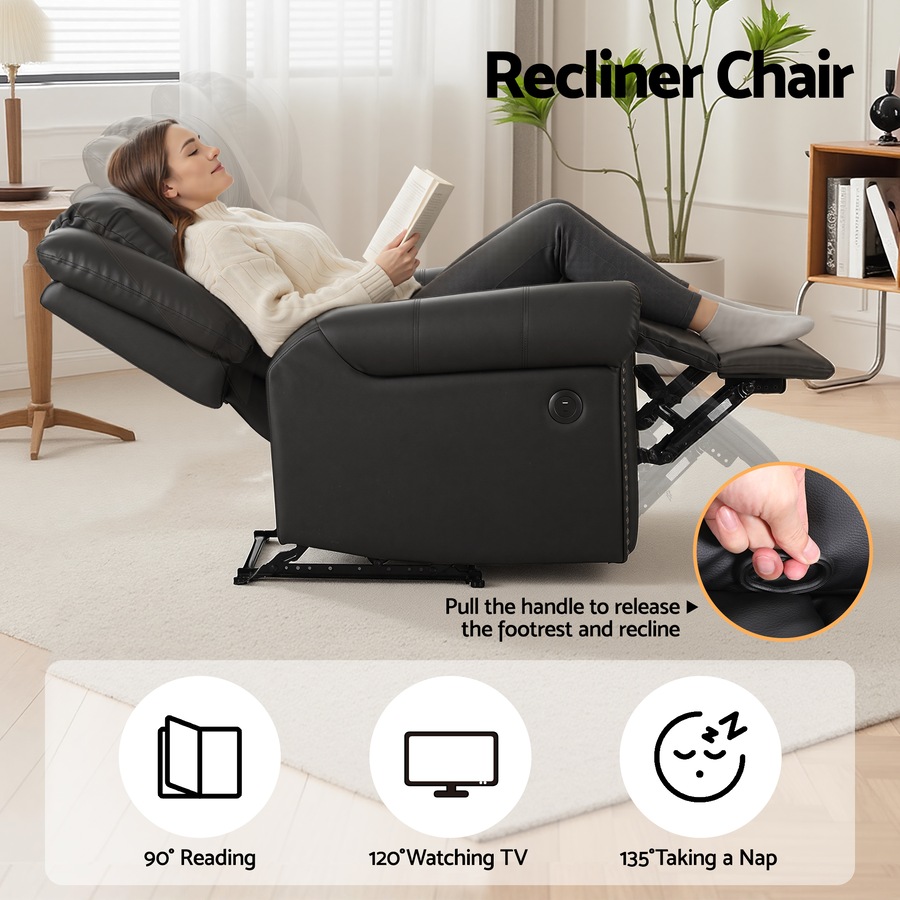Artiss Leather Manual Recliner Chair with USB Armchair Sofa for Living Room and Nursery Black