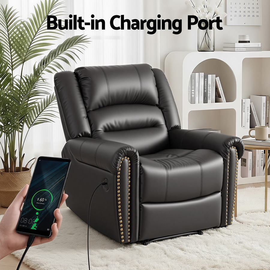 Artiss Leather Manual Recliner Chair with USB Armchair Sofa for Living Room and Nursery Black