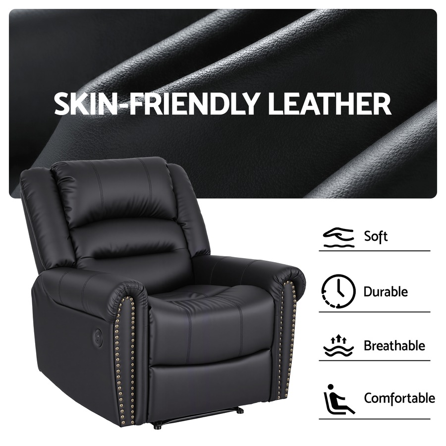 Artiss Leather Manual Recliner Chair with USB Armchair Sofa for Living Room and Nursery Black