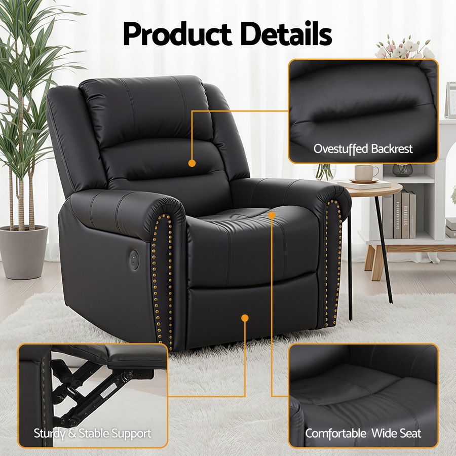 Artiss Leather Manual Recliner Chair with USB Armchair Sofa for Living Room and Nursery Black
