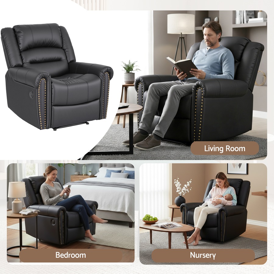 Artiss Leather Manual Recliner Chair with USB Armchair Sofa for Living Room and Nursery Black