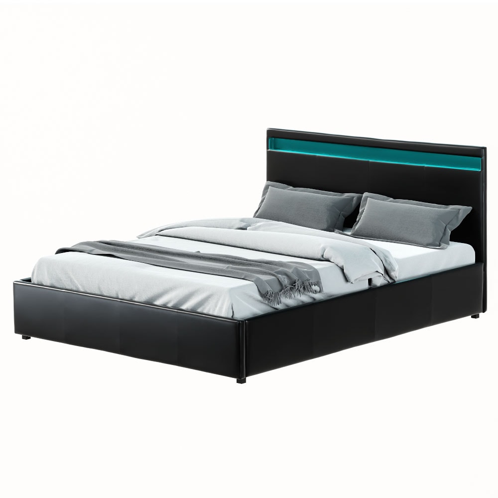 Buy Artiss Bed Frame Queen Double Size Gas Lift RGB LED Black Cole - MyDeal