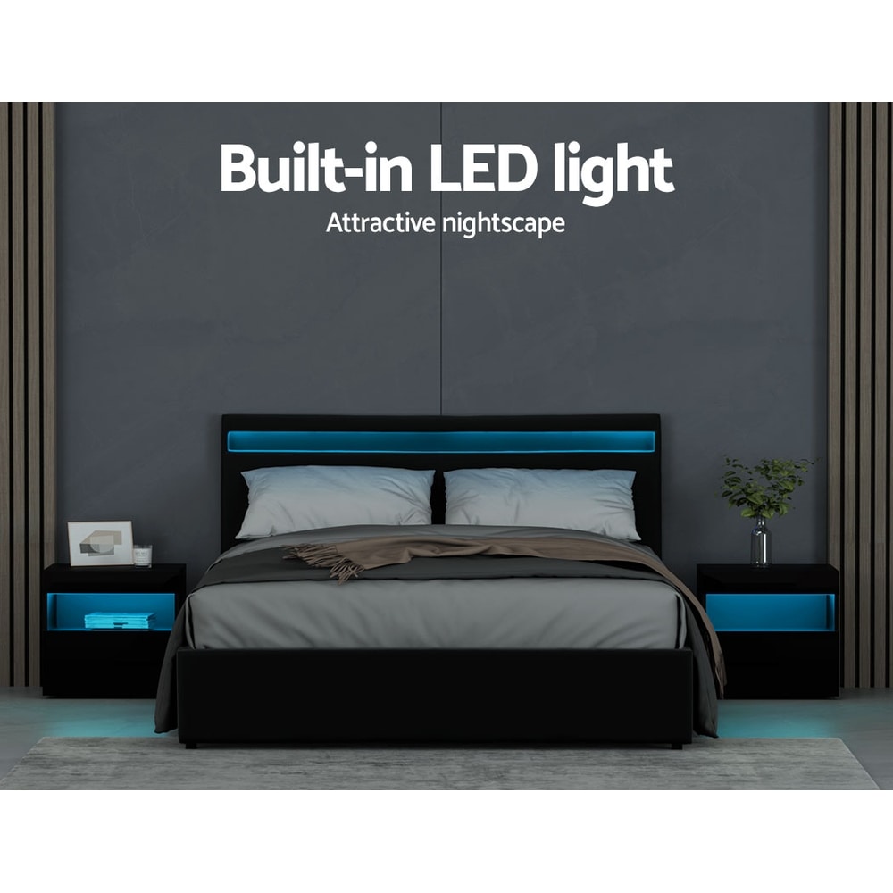 Buy Artiss Bed Frame Queen Double Size Gas Lift RGB LED Black Cole - MyDeal