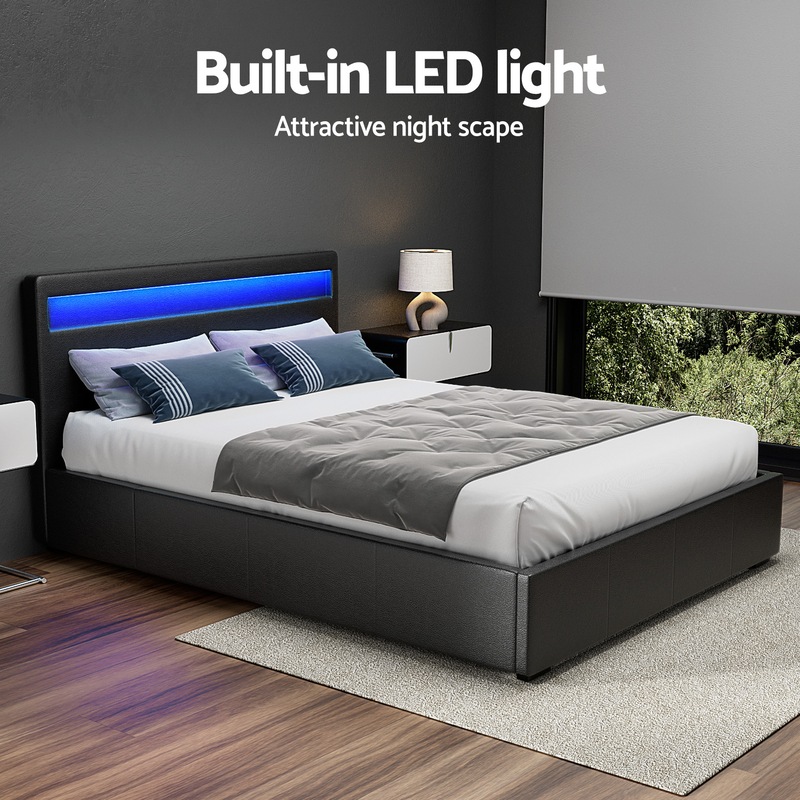 Buy Artiss Bed Frame Queen Double Size Gas Lift RGB LED Black Cole MyDeal