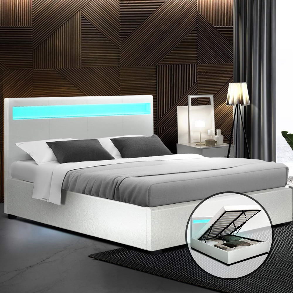 Artiss Bed Frame Queen Size LED Gas Lift White COLE