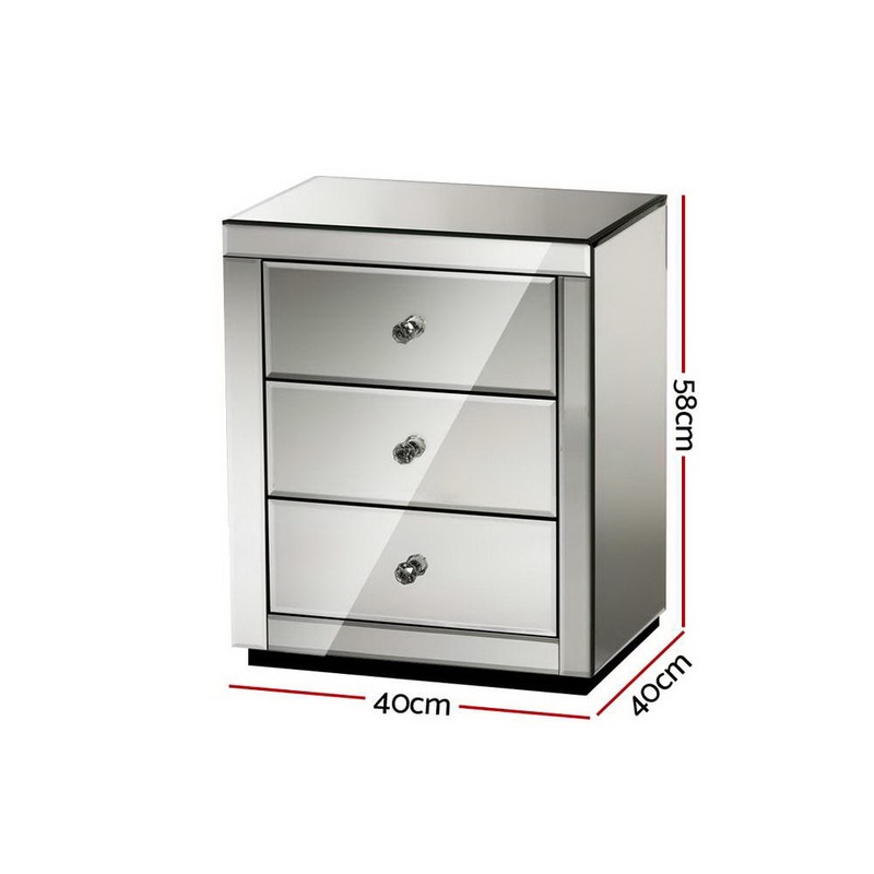 Buy Artiss Mirrored Bedside Table 3 Drawers Nightstand Grey Glass Side