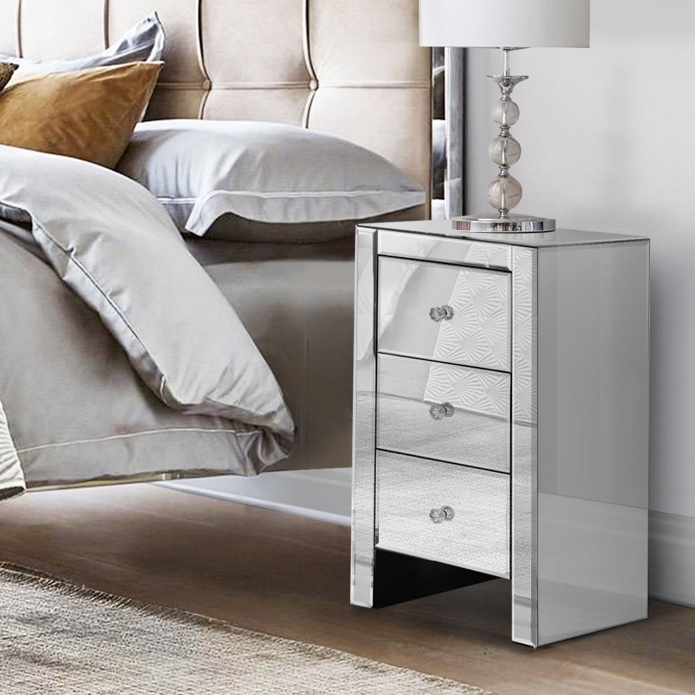 Artiss Bedside Table 3 Drawers Mirrored - QUENN Silver