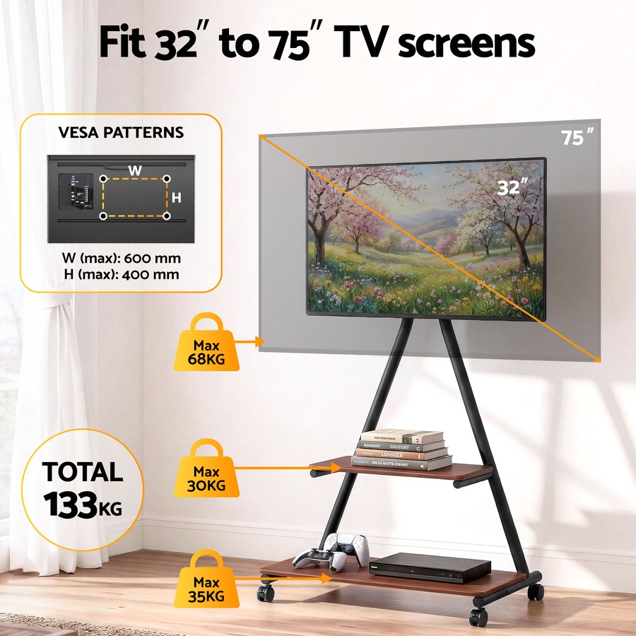 Artiss Mobile TV Stand Rolling Cart Wheels 32-75" Heavy Duty 133kg Mount Bracket