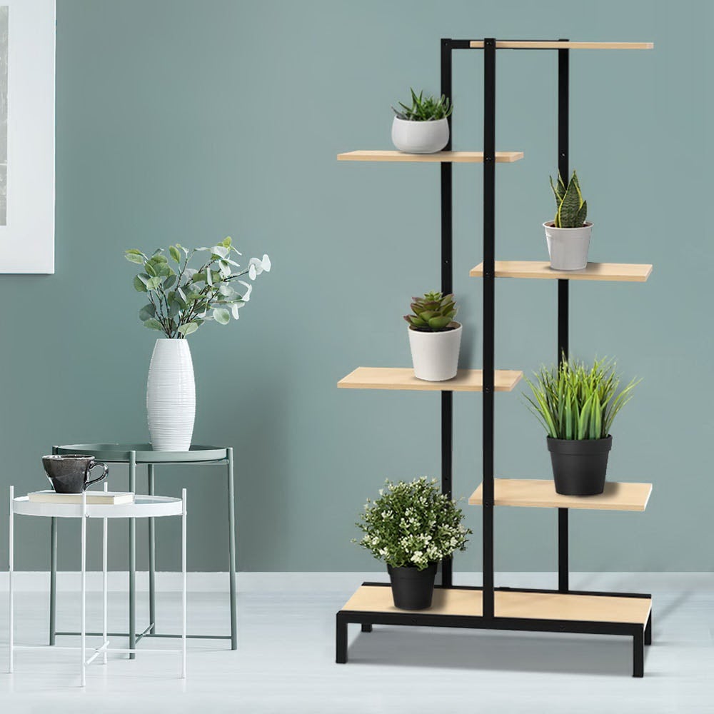 Artiss 6-tier Metal Wood Plant Stand Display Shelf Black Indoor Outdoor