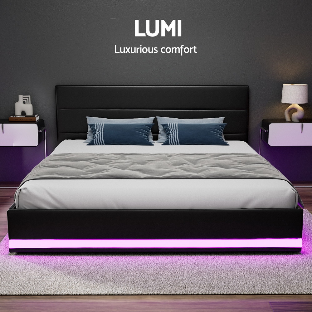 Artiss rgb led bed frame king size gas lift base storage black leather lumi sales