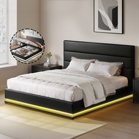 Artiss RGB LED Bed Frame Queen Size Gas Lift Base Storage Black Leather LUMI