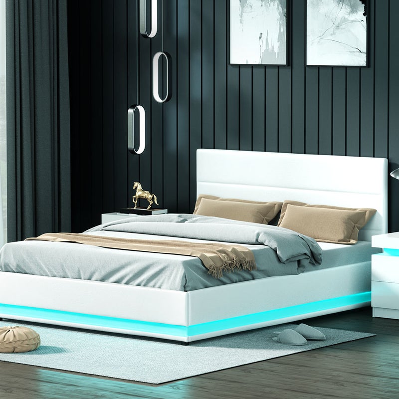 Artiss Rgb Led Bed Frame Queen Size Gas, White Leather Queen Bed Frame