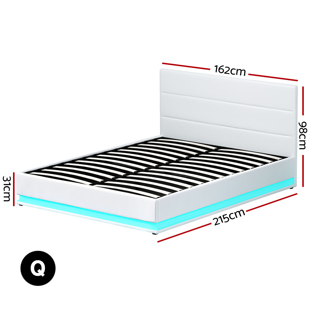 Buy Artiss Bed Frame Queen Size Gas Lift RGB LED White Lumi - MyDeal