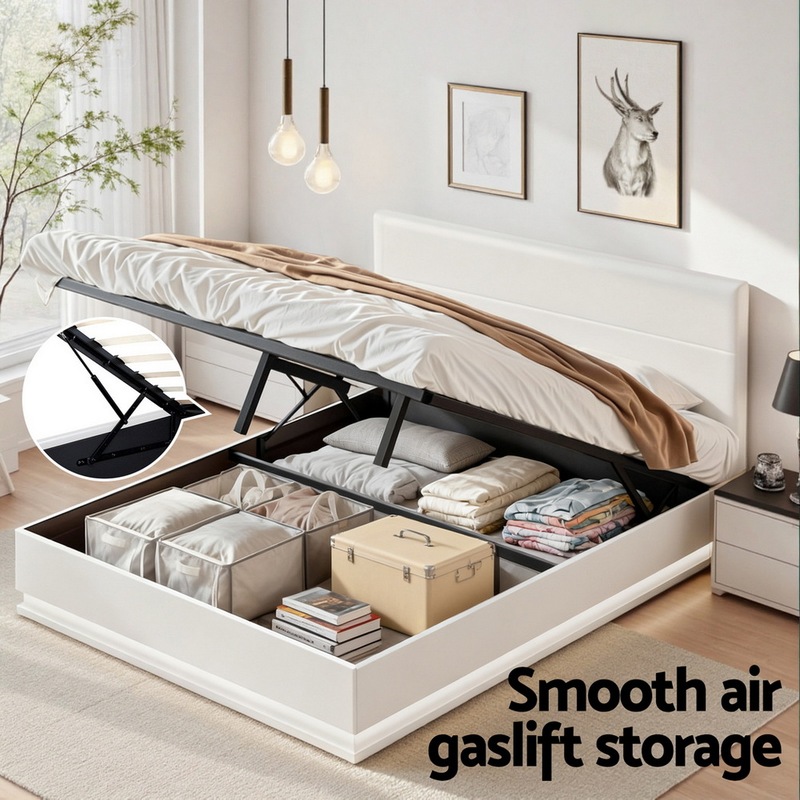 Buy Artiss Bed Frame Queen Size LED Gas Lift White LUMI MyDeal