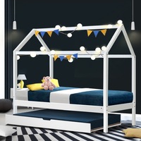 198x100 Artiss Bed Frame Wooden Trundle Daybed Kids House Frame White HOLY