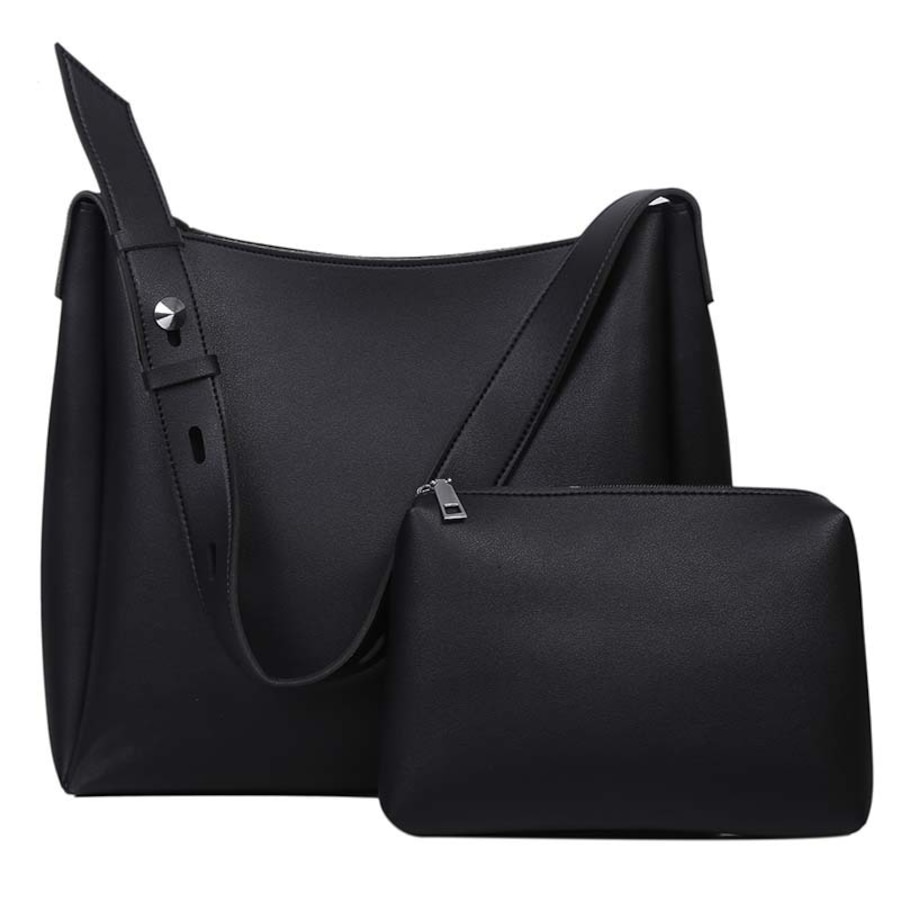 Black 2Piece Women'S Bucket Bag Set Vintage Large Capacity Shoulder Tote & Crossbody Bag (Commute