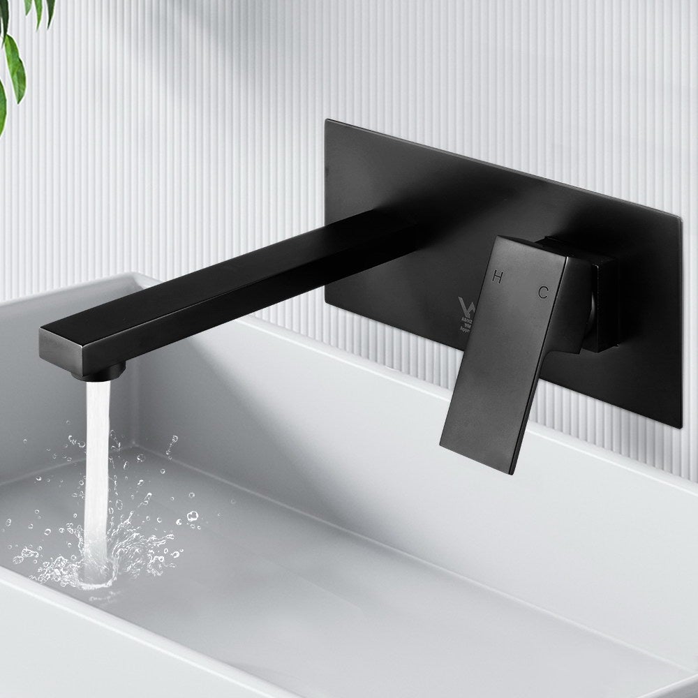 Cefito WELS Bathroom Tap Wall Square Black Basin Mixer Taps Vanity Brass Faucet