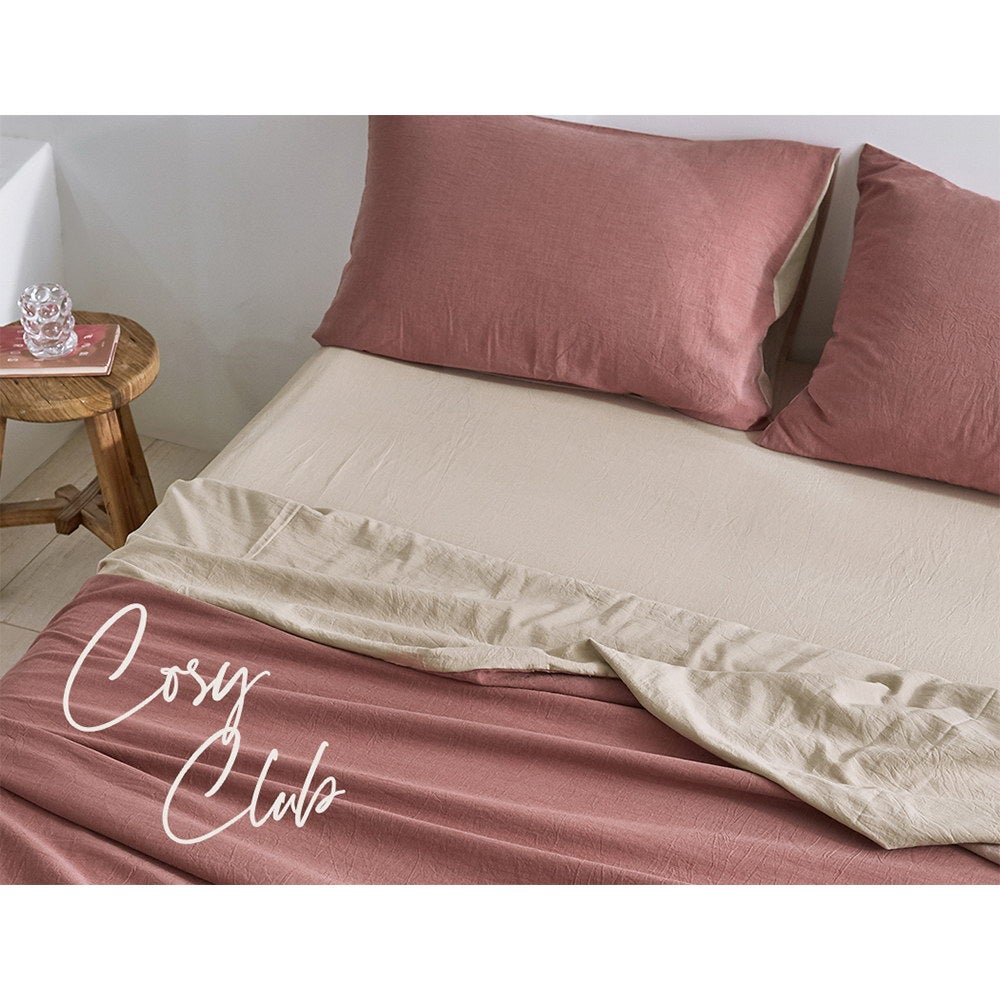 Cosy Club Cotton Bed Sheets Set Red Beige Cover Double