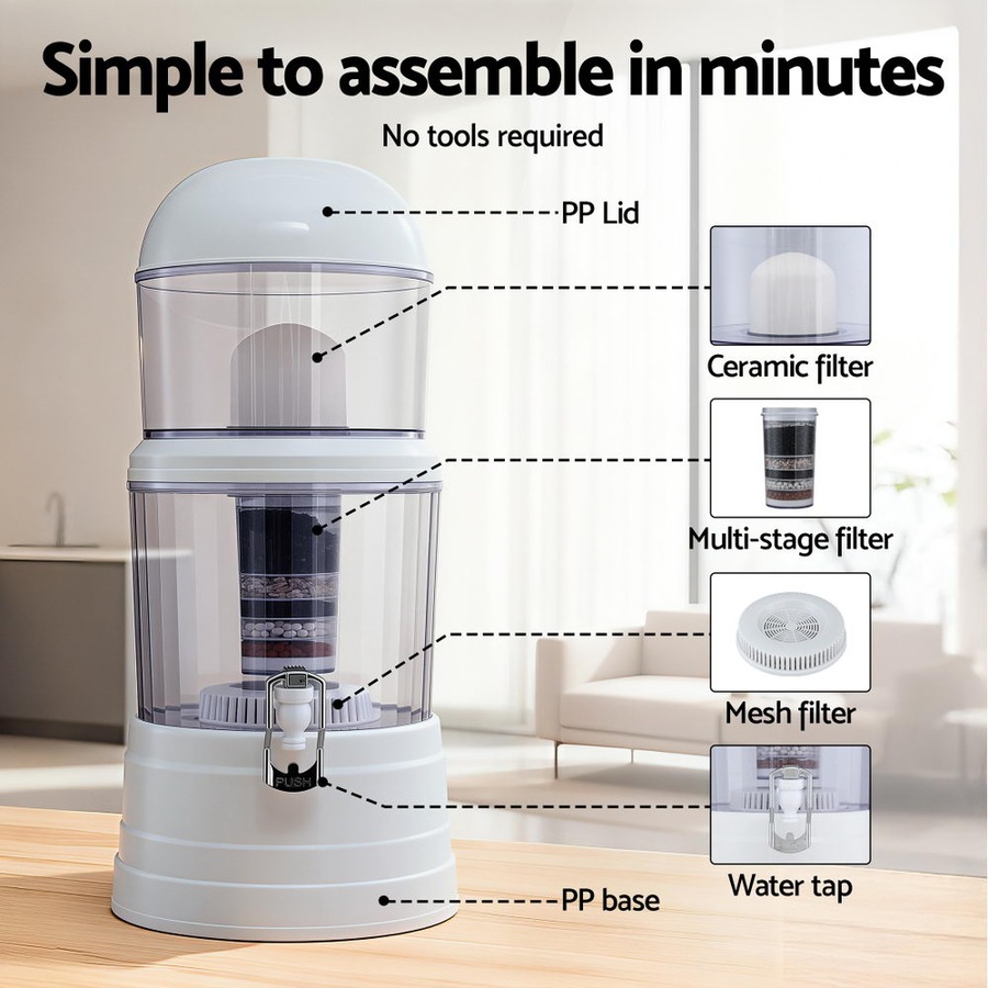 Devanti Benchtop Water Filter 14L Gravity Purifier Multi-Stage BPA-Free for Home and Camping