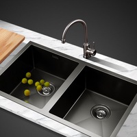 77X45CM Cefito Stainless Steel Sink Kitchen Basin Double Bowl Black