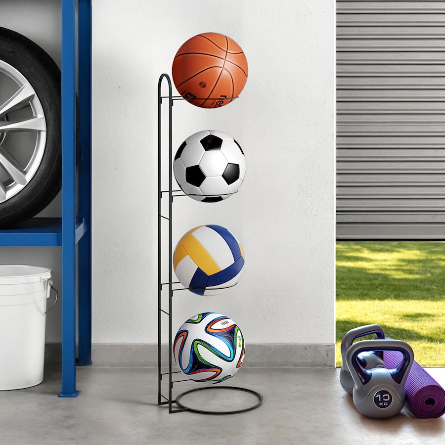 Everfit Ball Storage Rack Sports Equipment Organizer 4-Tier Holder for Garage Gym Black