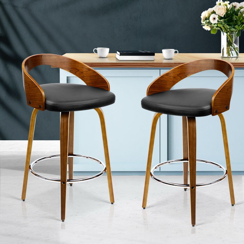 Artiss 2x Wooden Bar Stools Swivel, Wooden Bar Stool With Leather Seat