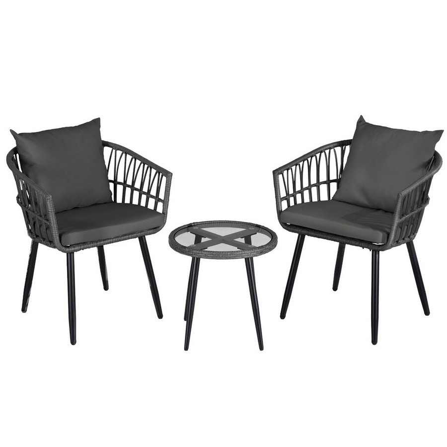 Gardeon 3PC Outdoor Bistro Set Patio Furniture Lounge Setting Table and Chairs Cushion Grey