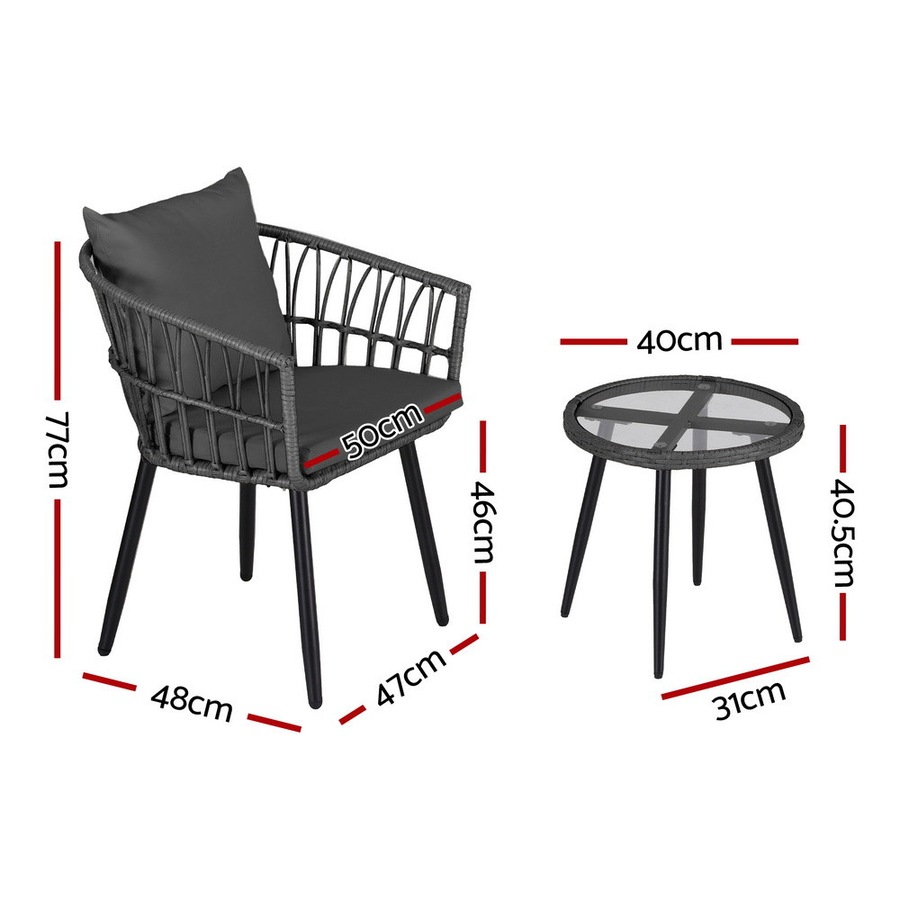 Gardeon 3PC Outdoor Bistro Set Patio Furniture Lounge Setting Table and Chairs Cushion Grey