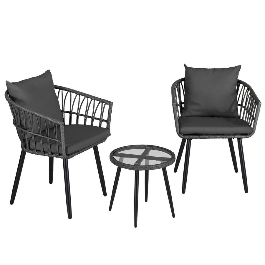 Gardeon 3PC Outdoor Bistro Set Patio Furniture Lounge Setting Table and Chairs Cushion Grey