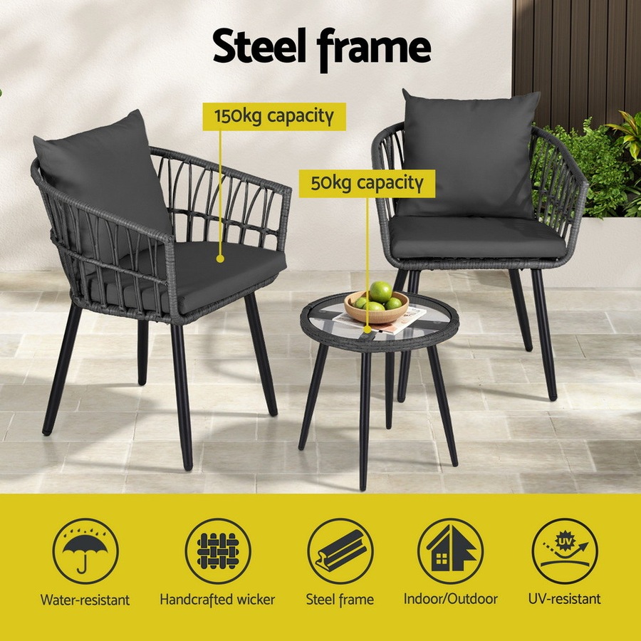 Gardeon 3PC Outdoor Bistro Set Patio Furniture Lounge Setting Table and Chairs Cushion Grey