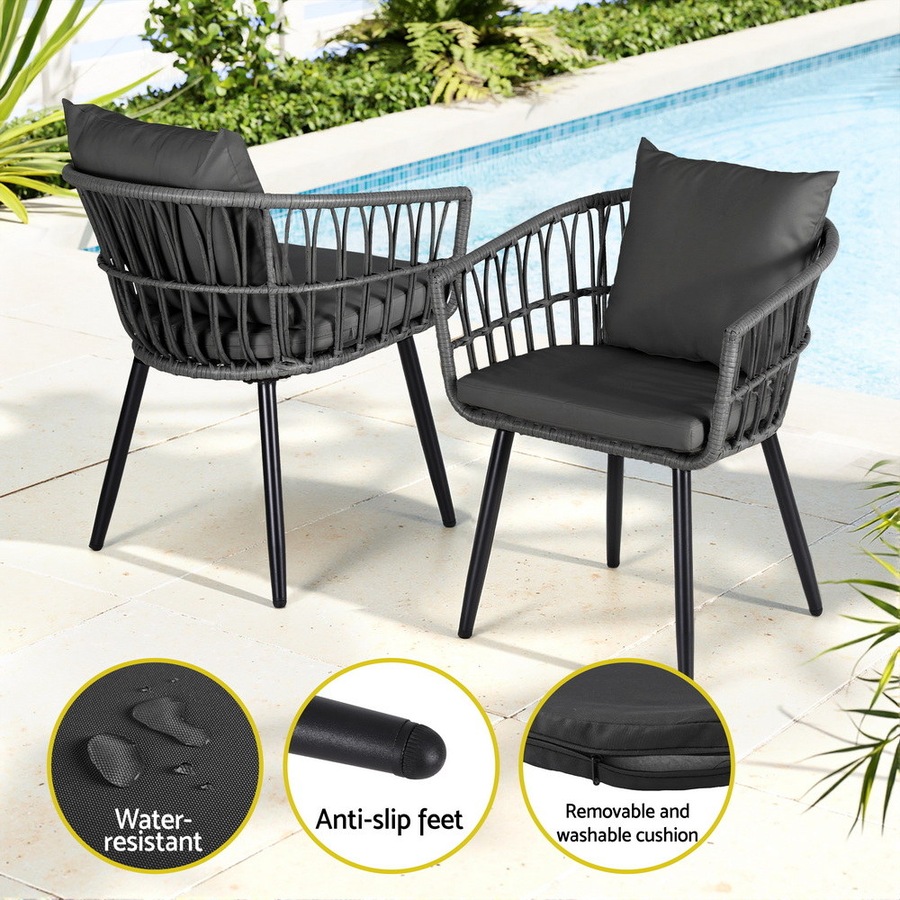 Gardeon 3PC Outdoor Bistro Set Patio Furniture Lounge Setting Table and Chairs Cushion Grey