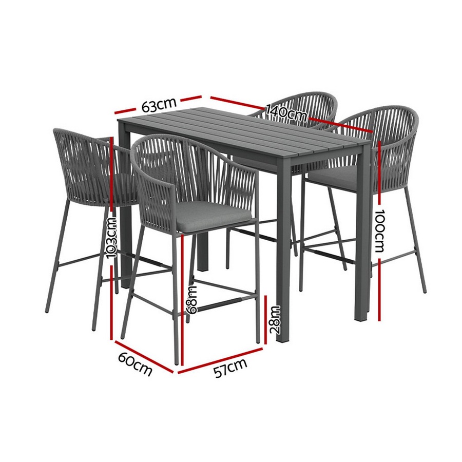 4 Seater Gardeon 5PCS Outdoor Bar Set Table and Stools Dining Set Patio Bistro Set Rope Furniture