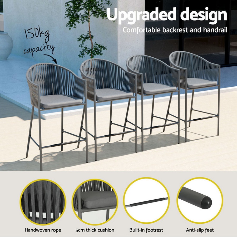4 Seater Gardeon 5PCS Outdoor Bar Set Table and Stools Dining Set Patio Bistro Set Rope Furniture