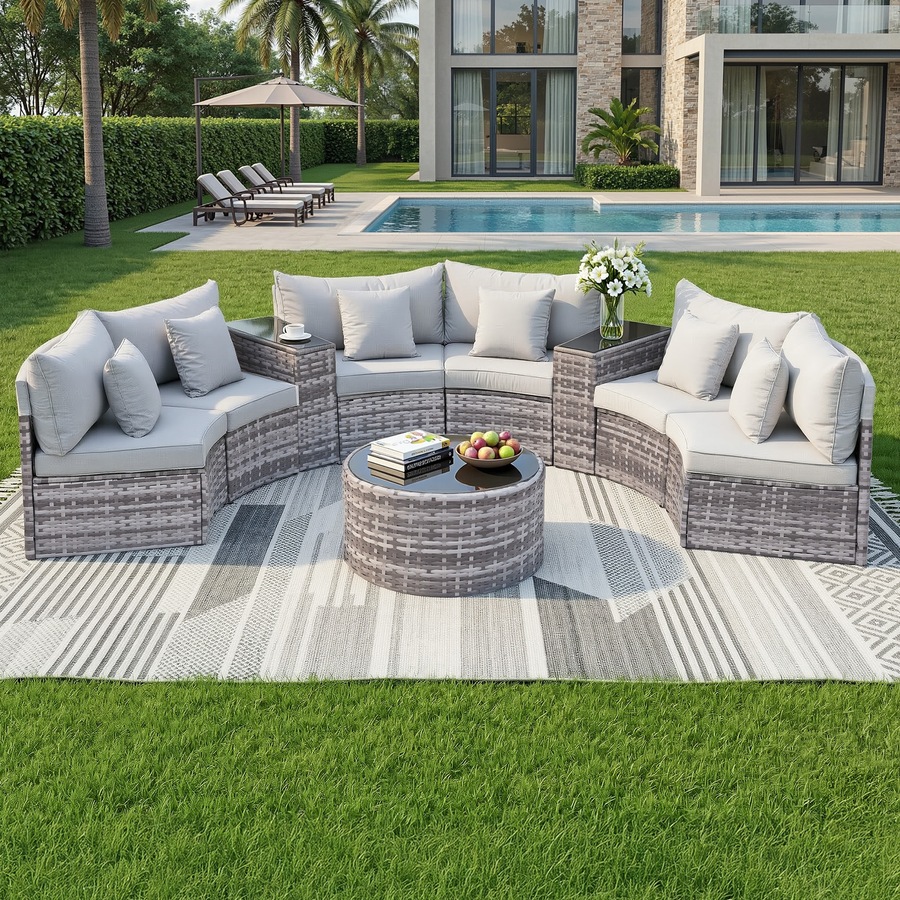 Gardeon 6 Seater Outdoor Sofa Set 9PCS Round Table Chair Set Garden Rattan Patio Furniture