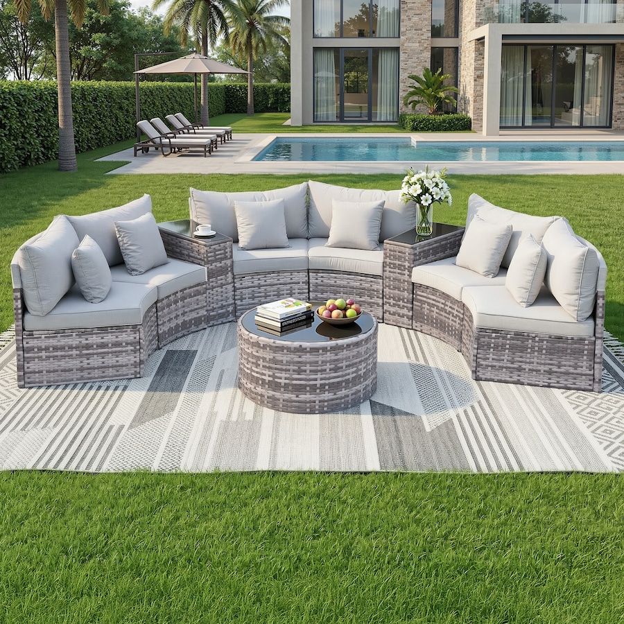 Gardeon 6 Seater Outdoor Sofa Set 9PCS Round Table Chair Set Garden Rattan Patio Furniture