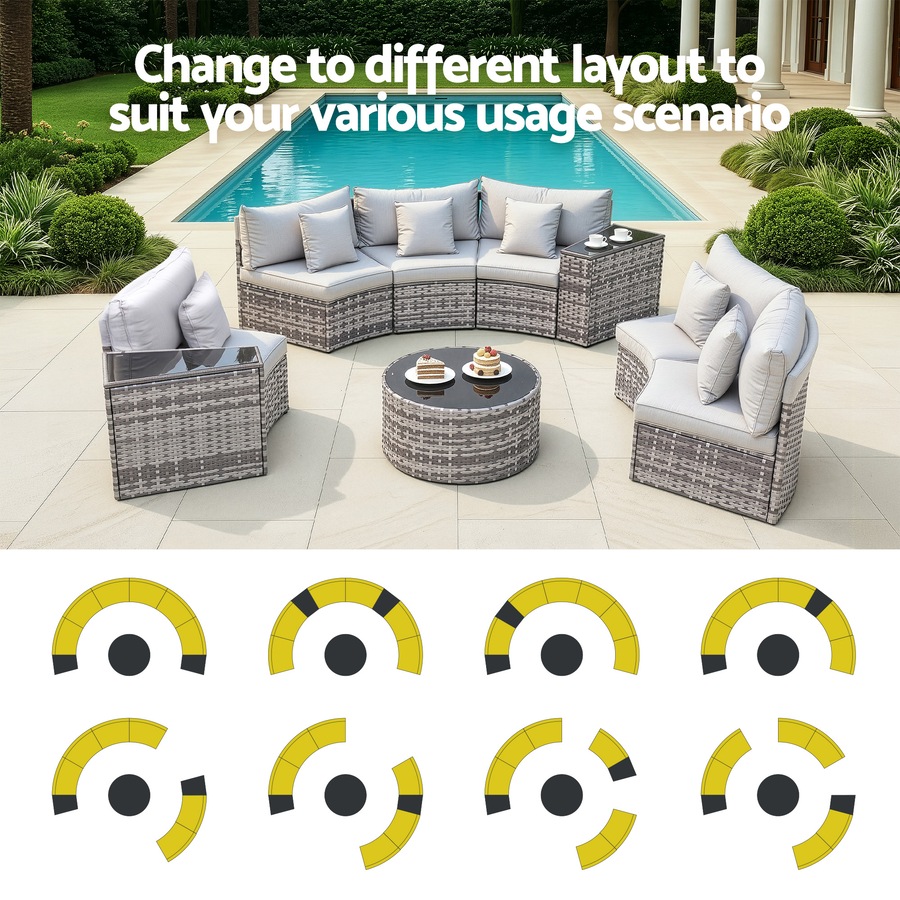 Gardeon 6 Seater Outdoor Sofa Set 9PCS Round Table Chair Set Garden Rattan Patio Furniture