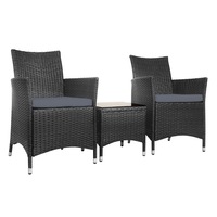3 Piece Gardeon Outdoor Bistro Set Patio Furniture Outdoor Furniture Set Chair Table Garden Wicker Black